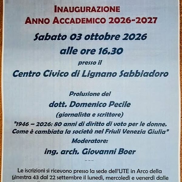 Inaugurazione dell'Anno Accademico 2026-2027 dell' UTE di Lignano Sabbiadoro